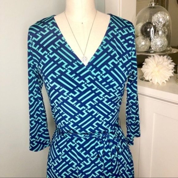 41 Hawthorne Jersey Wrap V-Neck Dress Green & Blue Printed Small - Picture 3 of 9